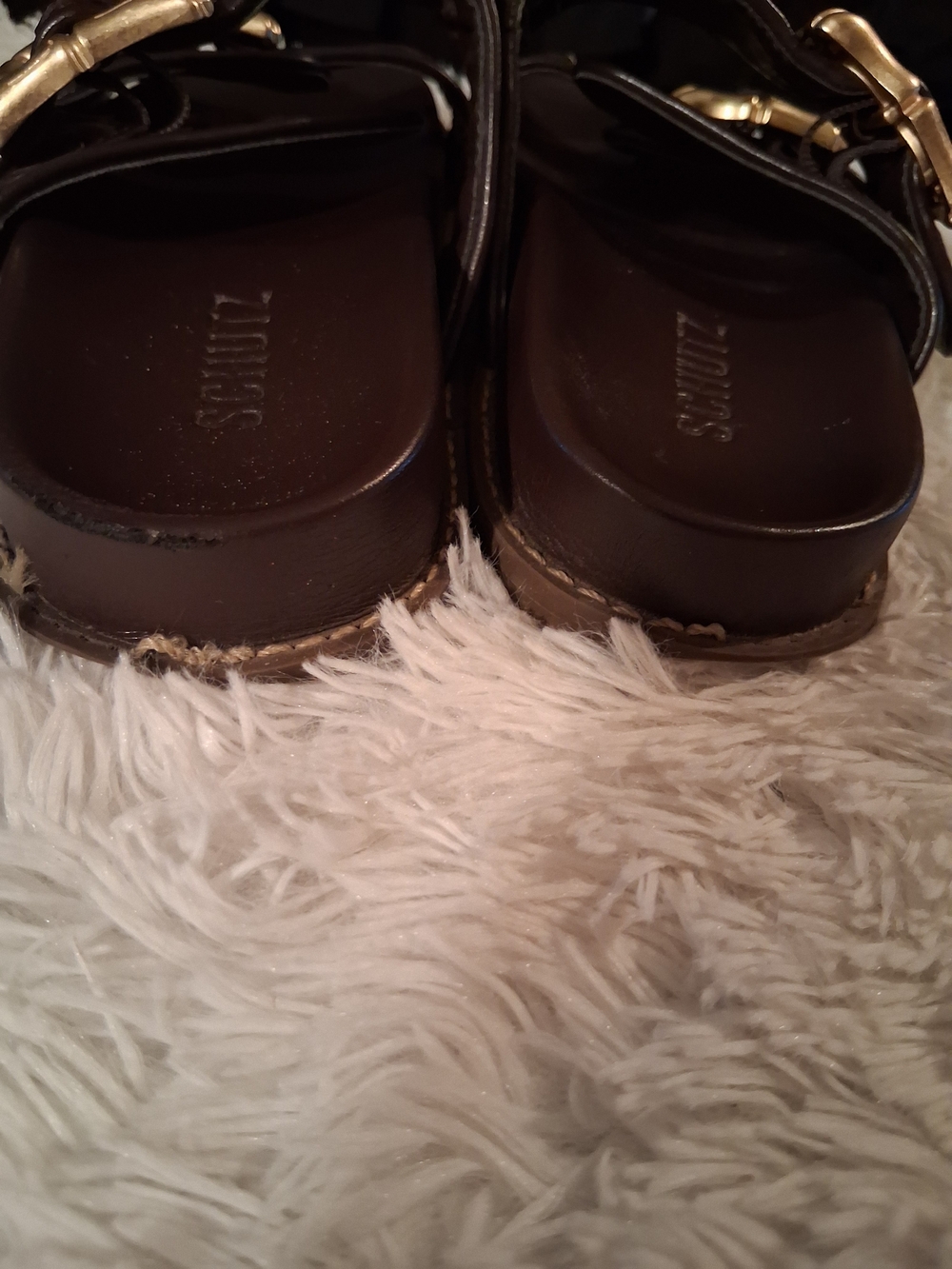 SCHUTZ Wine Color Leather Slip-On Sandals with Gold Buckle Callout Bottom Heel